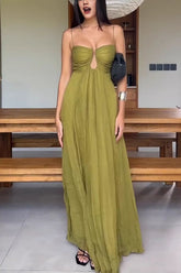Soft and Elegant Metal Hollow Design Back Smocked A-line Slip Maxi Dress