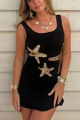Beachside Dreams Starfish Sequin Wave Hem Stretch Tank Mini Dress