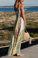 Sweet Garden Linen Blend Color Block Floral Paneled Maxi Dress