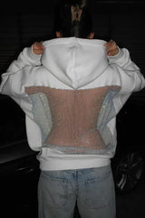 Shiny Mesh Hollow Back Loose Long-sleeved Hooded Sweatshirt