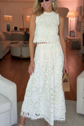 Embroidered Crochet Lace Tassle Trim Elastic Waist Midi Skirt