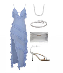 V-neck Ruffle Irregular Solid Color High Split Layered Dress