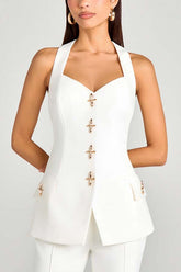 Power Metal Cross Snap Button Sweetheart Neck Wide Strap Vest