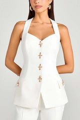Power Metal Cross Snap Button Sweetheart Neck Wide Strap Vest