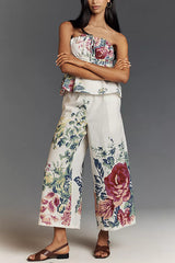 In To The Linen Blend Floral Print Elastic Bandeau and Elastic Waist Pocket Loose Pants Set
