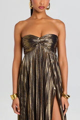 Metallic Tube Top Pleated High Slit Maxi Dress