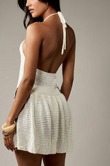 Openwork Knit Halter Neck Backless Cover-up Mini Dress