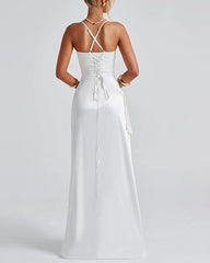 satin back tie, pleated hem, slit high low waist long skirt