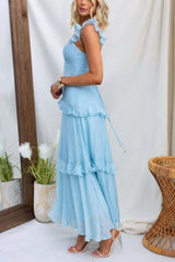 Solid Color Halter Backless Tie Elegant Ruffle Maxi Dress