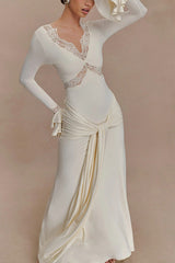 Lace Splicing V-neck Long-sleeved Slim Maxi Dress