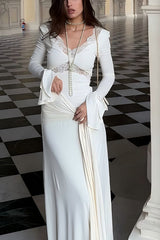 Lace Splicing V-neck Long-sleeved Slim Maxi Dress