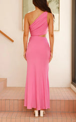 Bloom 3d Flower Ruched One Shoulder Cutout Maxi Dress