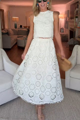 Embroidered Crochet Lace Tassle Trim Elastic Waist Midi Skirt