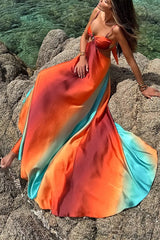 Queen Neon Sunset Printed Metal Decor Hollow Back Lace Holiday Long Dress