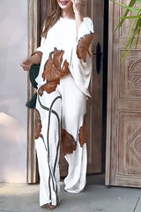 Floral Print Batwing Sleeves Loose-fitting Top and Relaxed Pocket Straight Pants Set