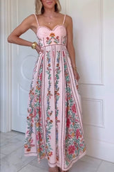 Linen Blend Delicate Forest Unique Print Sweetheart Neck Beaded Straps Maxi Dress