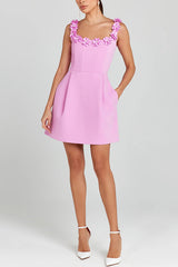 Party outfit, pearl flower decal, square strapless, collar, pocket, elegant mini dress