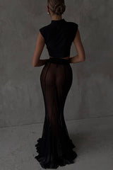 French chiffon fish tail eternal mesh high waisted elastic fish tail long skirt