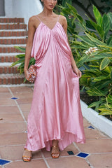 Venus Satin V-neck Draped Pleated Slip Loose Maxi Dress
