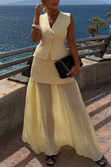 Elegant Knit Spliced Tulle Elastic Waist Pleated Maxi Skirt