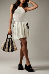 Openwork Knit Halter Neck Backless Cover-up Mini Dress