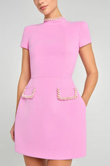 Sweet and Elegant Scent Pearl Trim Short Sleeve Pocketed Mini Dress