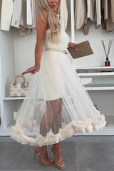 French charm chiffon off shoulder elegant pleated A-line dress