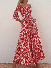 Vacation Flower Street Elegant Printed Off Shoulder Waist Pocket Long Dress