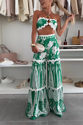 Cassie Ric Rac Trims Unique Print Halter Ring Tank and High Rise Wide Leg Pants Set