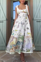 Euro View Linen Blend Unique Print Tie-up Straps Pocket Midi Dress