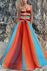 Sunset strapless Tassel Printed Twisted Hollow Off Shoulder Vacation Long Dress