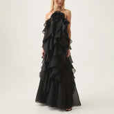 Free - Flowing Rose Detail Tiered Ruffles Halter A-line Maxi Dress
