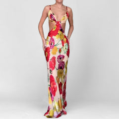 Hawaiian Dreams Satin Floral Print Cutout Backless Maxi Dress