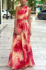 Floral Print One Shoulder Waist Tie Full Hem Resort Style Maxi Dress