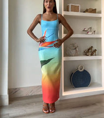 Dreamy Dreamy Sequin Unique Floral Gradient Print Slit Stretch Maxi Dress(Shipped within 24 hours)