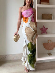 Design Flower Printed Elegant Single Shoulder Side Ruffle Long Dress