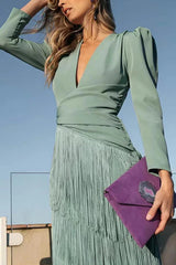 Solid Color V-Neck Long Sleeve Elegant Tassel Maxi Dress