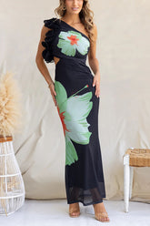 Floral Print One-shoulder Fitted Mesh Maxi Dress