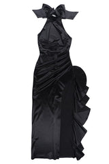 Maureen Satin High Neck Ruched Ruffle Slit Draped Maxi Dress