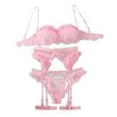Pure desire hollowed out fungus edge grid mesh lace see through lingerie four piece set