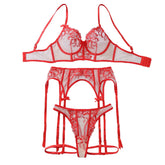 Ultra Thin Transparent Flower Embroidered Underwear 4-piece Set Romantic Erotic Exquisite Fairy Set