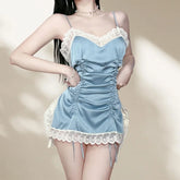 Short Style Slit Comfortable French Lace Lace Camisole Underwear Satin Nightgown Passionate Uniform Set