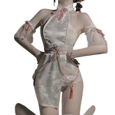 Temptation Backless Flirtatious Slit Lingeri Cheongsam Stand Up Collar Drawstring Hip Hugging Antique Style Lace Pajama Set