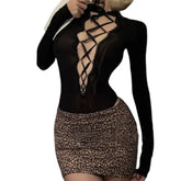 Tight-fitting Temptation Oil Gloss Jumpsuit Leopard Print Hip Hugging Skirt See Through Secretary Uniform Lingerie Woman