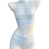 Two-piece Set Tearable Hollow Mesh Clothing Lingerie Neck Hanging Mesh Clothing Uniform Passionate Non Removable Set
