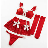 Red Lace Lingerie Set And Satin Lingerie Set Bow Front Strappy Cutout Bra and Thong with Stockings Romantic Nightwear