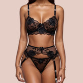 Lace Embroidery Bra Set 3 Pieces Push Up Bra Lingerie Sets Erotic Costumes Mesh Patchwork Perspective