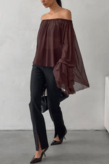 Solid Color Chiffon Off-shoulder Long-sleeved Loose Cover-up Top