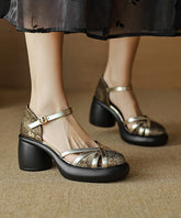 Black Cowhide Leather Chunky Heel Splicing Buckle Strap Sandals