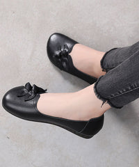 Black Bow Flat Shoes For Handmade Cowhide Leather Flat Shoes